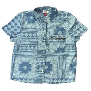 Tommy Jeans Bandana-Print Blue & White Chambray Short-Sleeve Shirt Small
